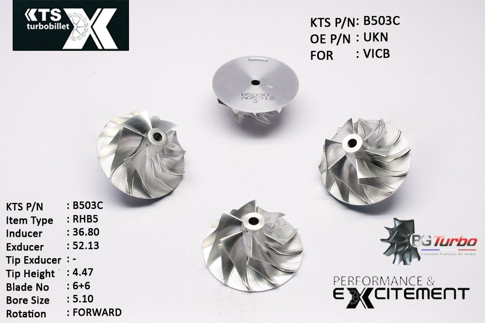 Turbo ROUE FORGÉE MFS PERFORMANCE - 6+6 PALES - INDUCER : 36,8 - EXDUCER : 52,13 - TYPE : RHB5ANGLE : 60° - ROTATION : Forward - SUPER BACK : 0 - BORE SIZE : 5,1

